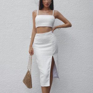 White Textured Midi Skirt